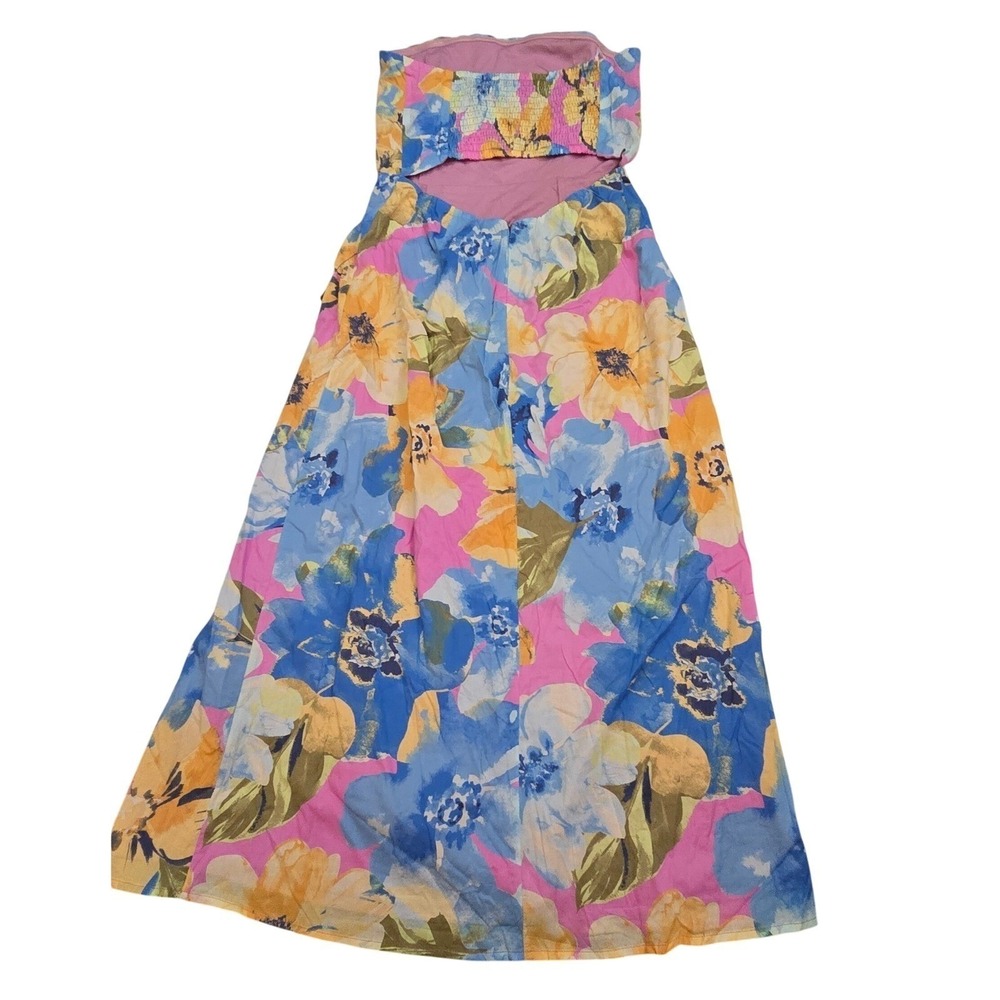Lulus Strapless Floral Maxi Dress Pink Blue Smocked Back Cutout Slit S NWT - Picture 4 of 11